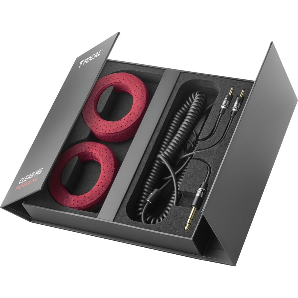 Focal Clear MG professional open-back headphones with over-ear design and sleek black finish, ideal for high-fidelity audio.