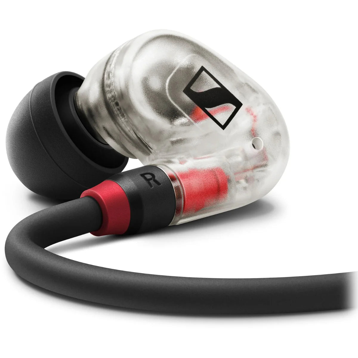 Sennheiser IE 100 Pro wired in-ear headphones with black earbuds and inline microphone, designed for professional audio use.