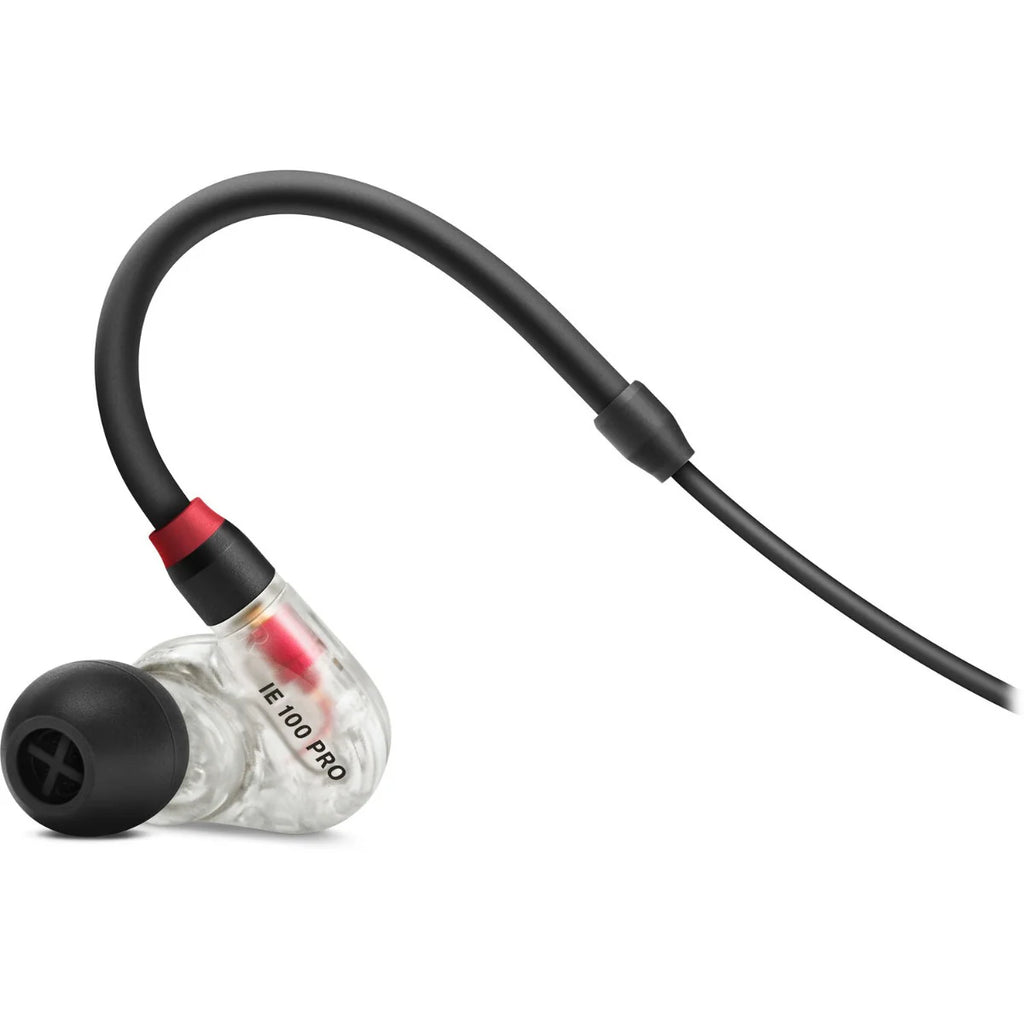 Wired Sennheiser IE 100 Pro in-ear headphones with black earbuds and inline remote, designed for professional audio listening.