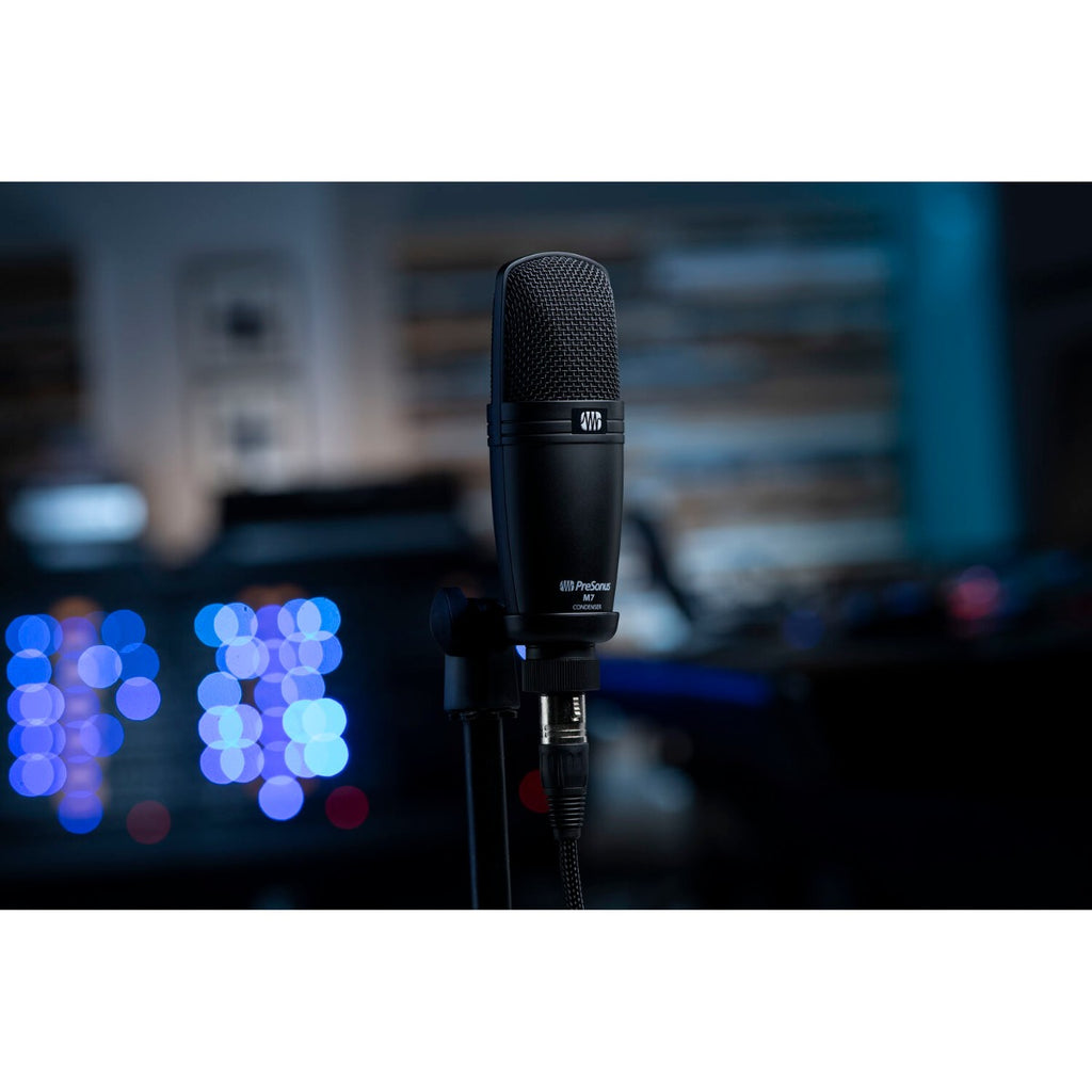 Presonus M7 MK2 condenser microphone with cardioid capsule, mounted on a stand for studio recording and vocals.