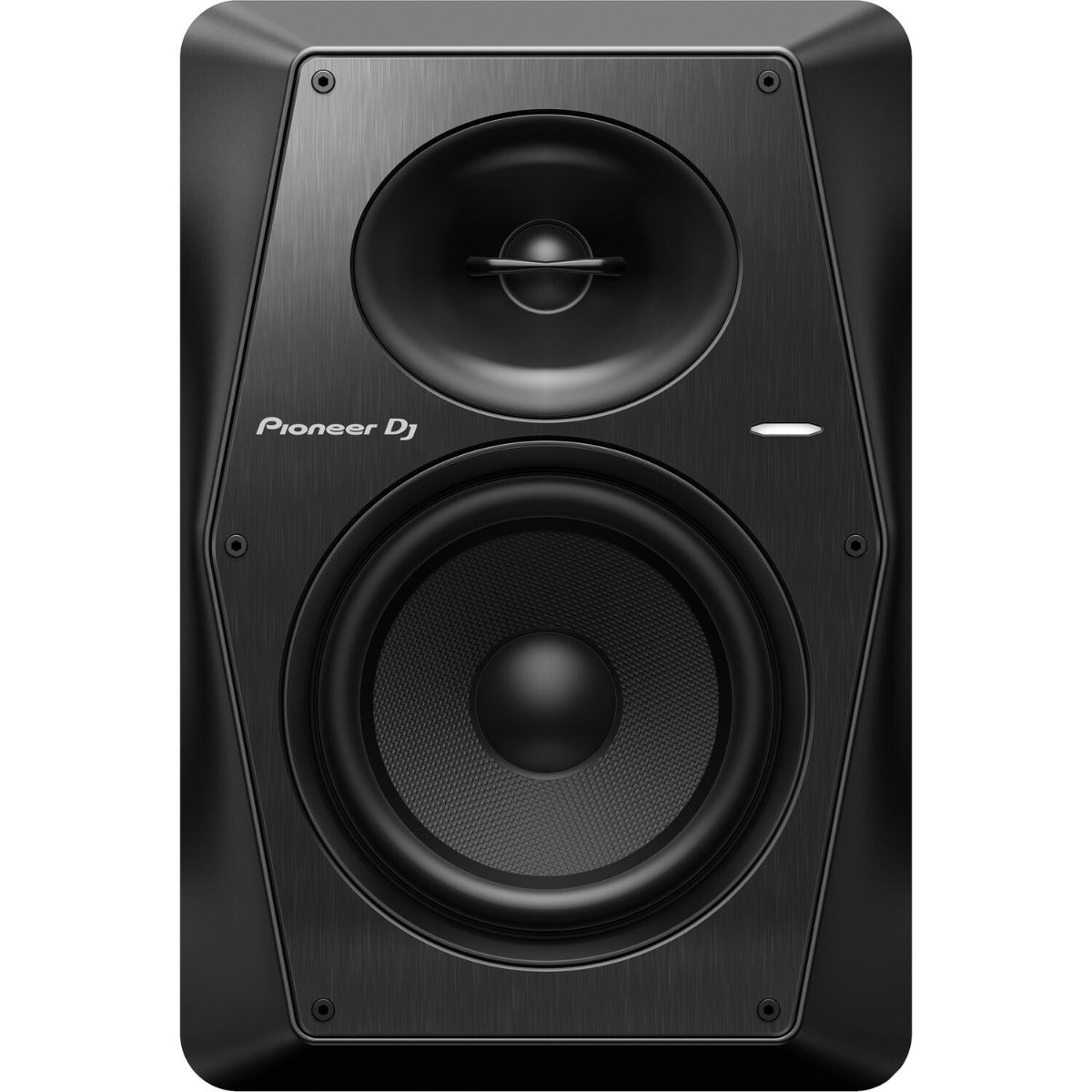 Pioneer DJ VM-70 black studio monitors with a sleek design and front-facing bass port for enhanced sound quality.