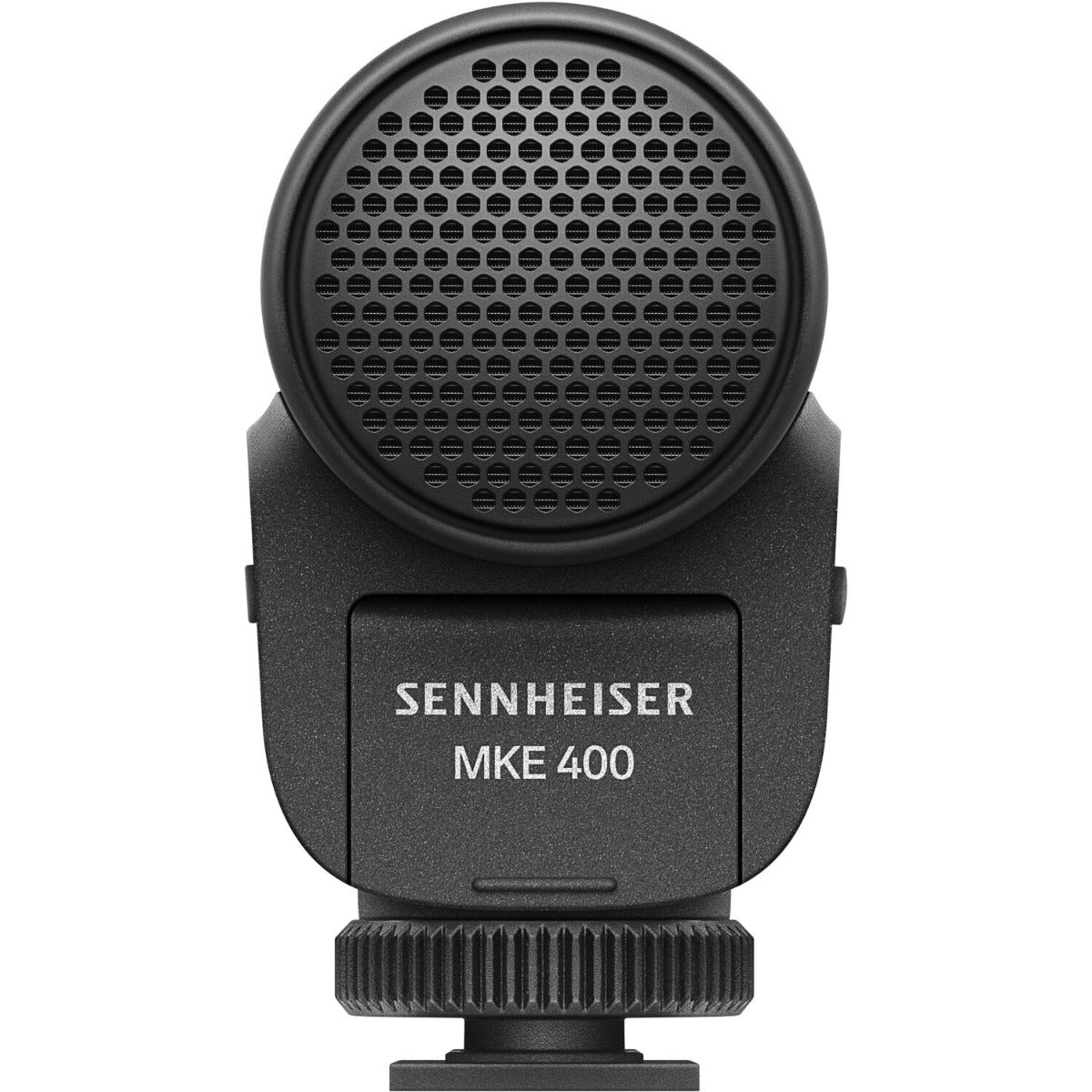 Sennheiser MKE 400 MK2 camera microphone with compact design, shown with windscreen and connection port.