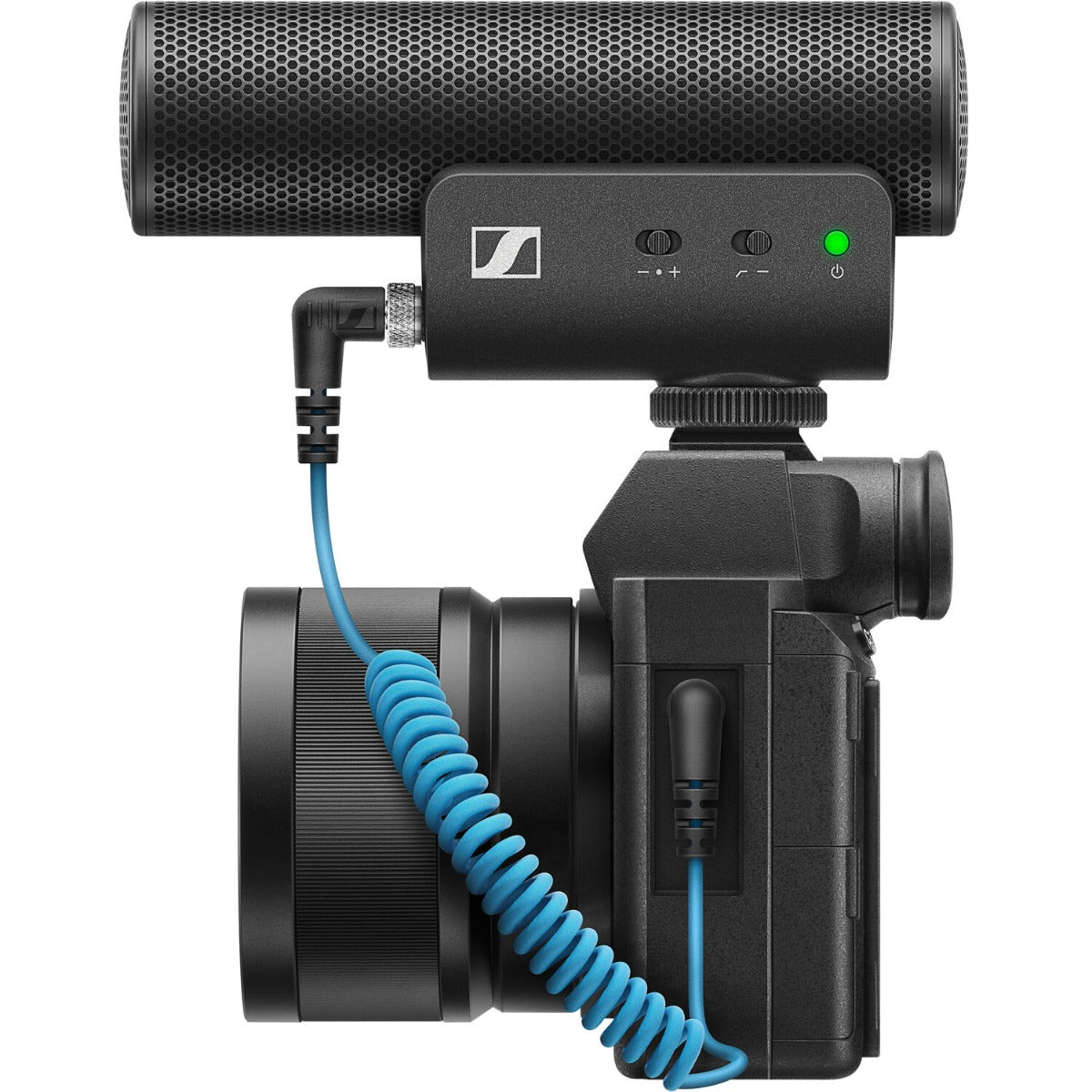 Sennheiser MKE 400 MK2 camera microphone mounted on a camera with a windscreen and control switches visible