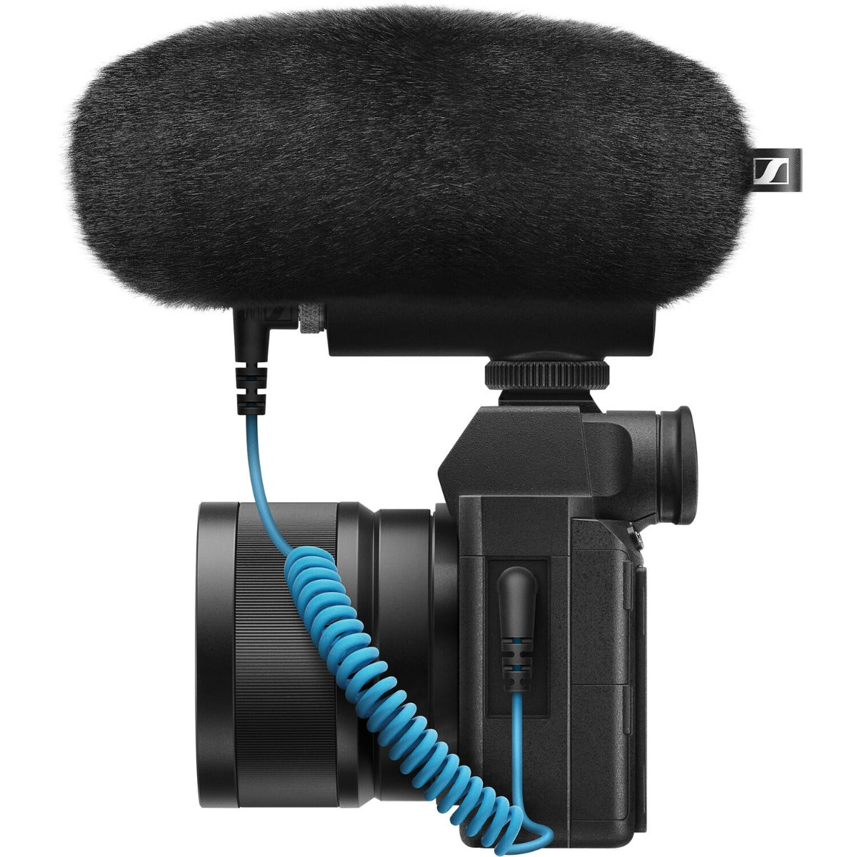 Sennheiser MKE 400 MK2 camera microphone mounted on a camera, showing compact design and built-in windscreen for clear audio recording.