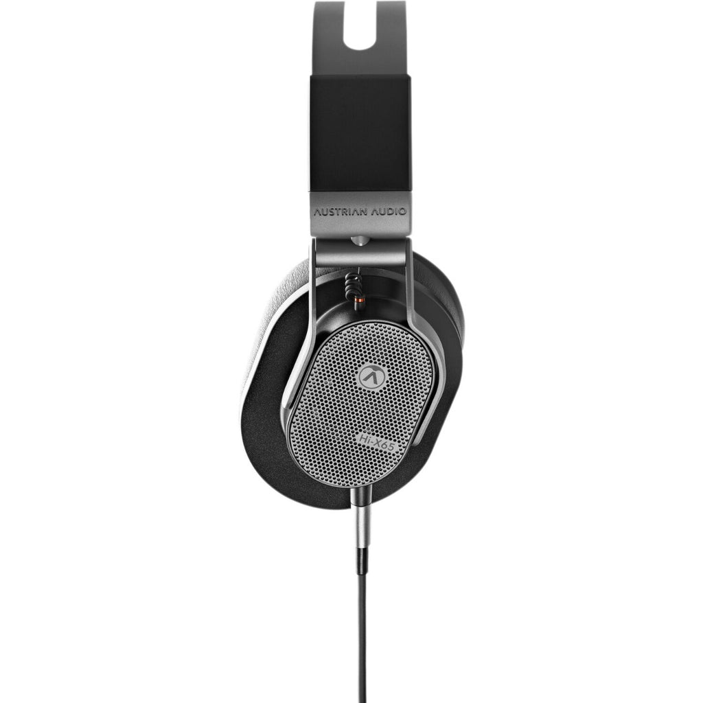 Austrian Audio Hi-X65 studio headphones with black ear cups and headband, showing over-ear design and padded ear cushions.