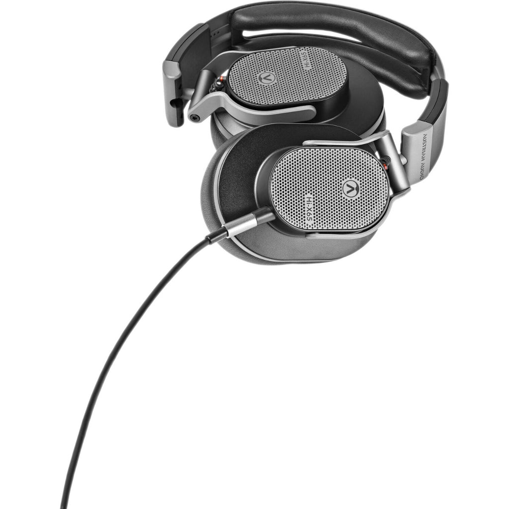 Austrian Audio Hi-X65 studio headphones with over-ear design, black ear cups, and adjustable headband for professional audio monitoring.