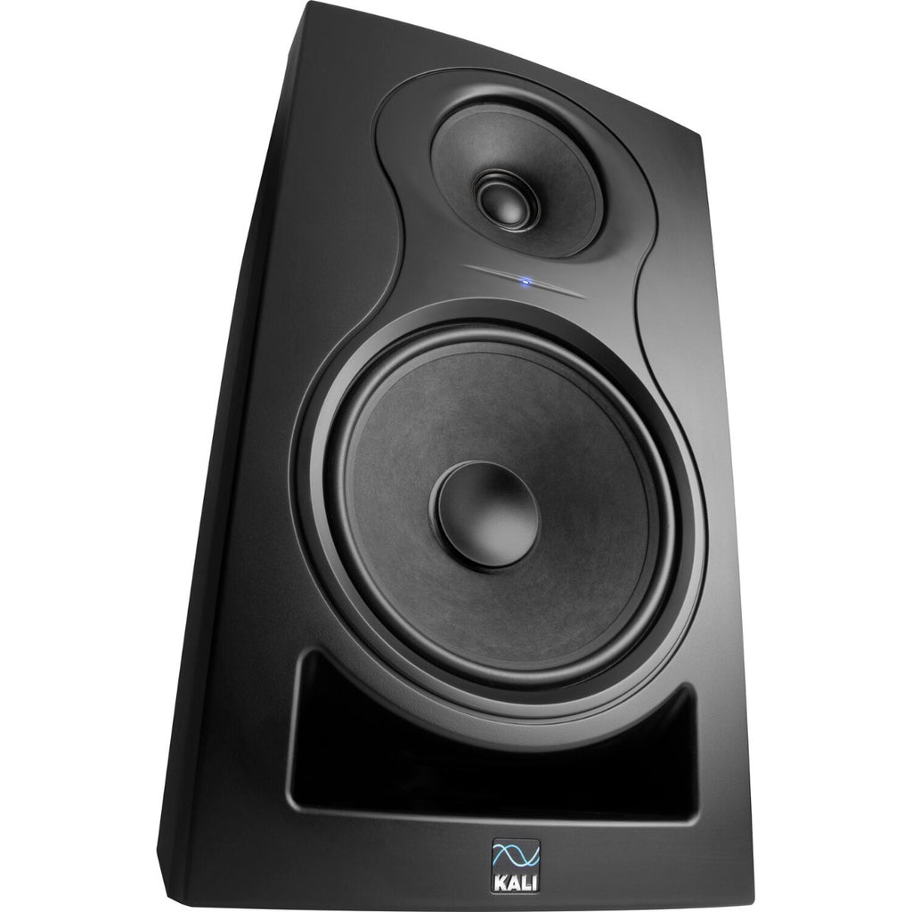 Kali Audio IN-8 V2 active nearfield monitor speaker with black finish and front grille, designed for professional audio monitoring.