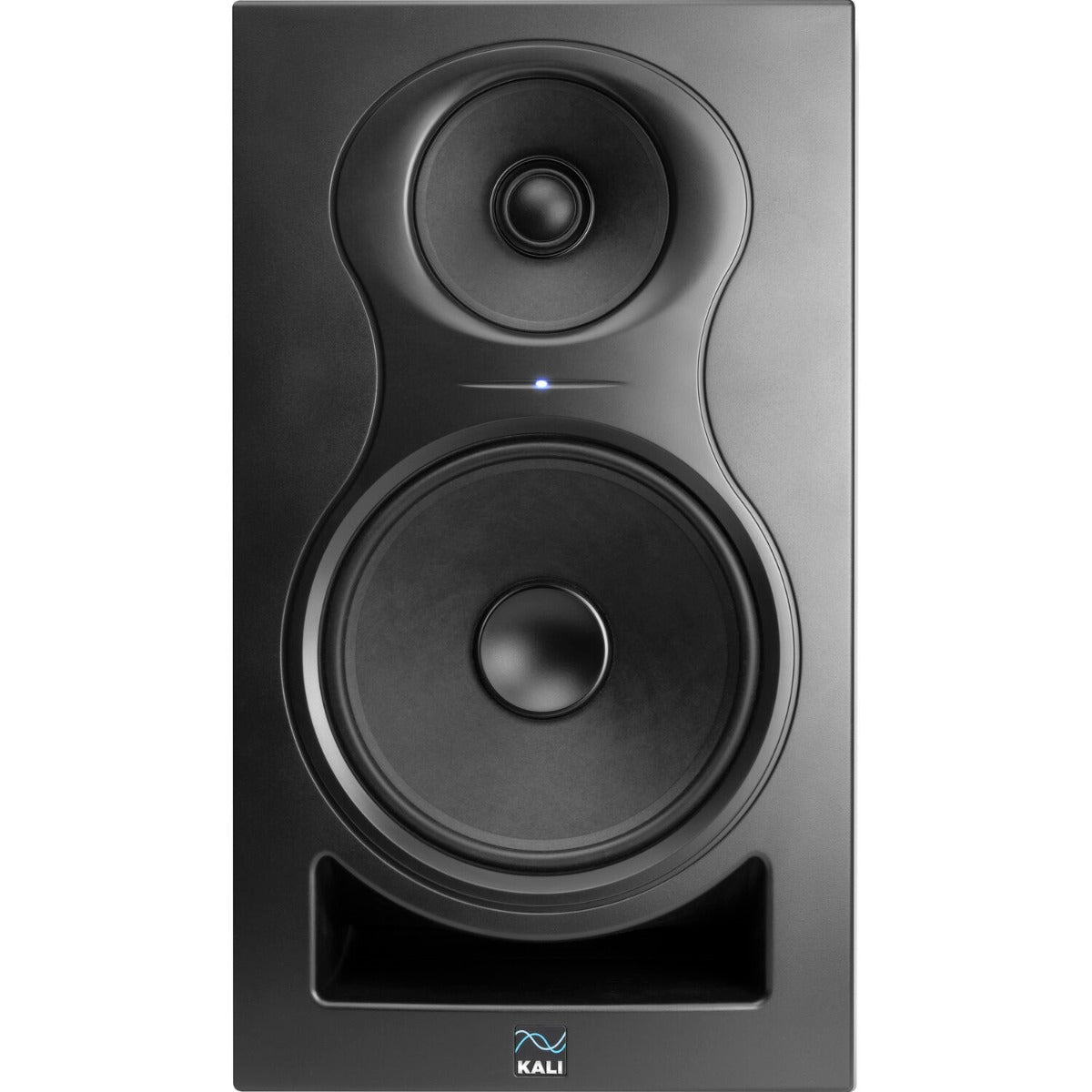 Kali Audio IN-8 V2 active nearfield monitors with black cabinets and front-placed bass ports, positioned on a studio desk.
