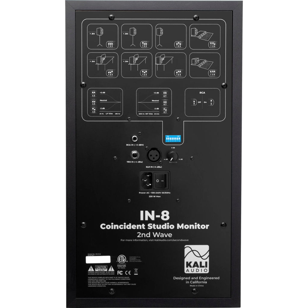 Kali Audio IN-8 V2 active nearfield monitor speaker with black finish and front grille, designed for studio audio monitoring.