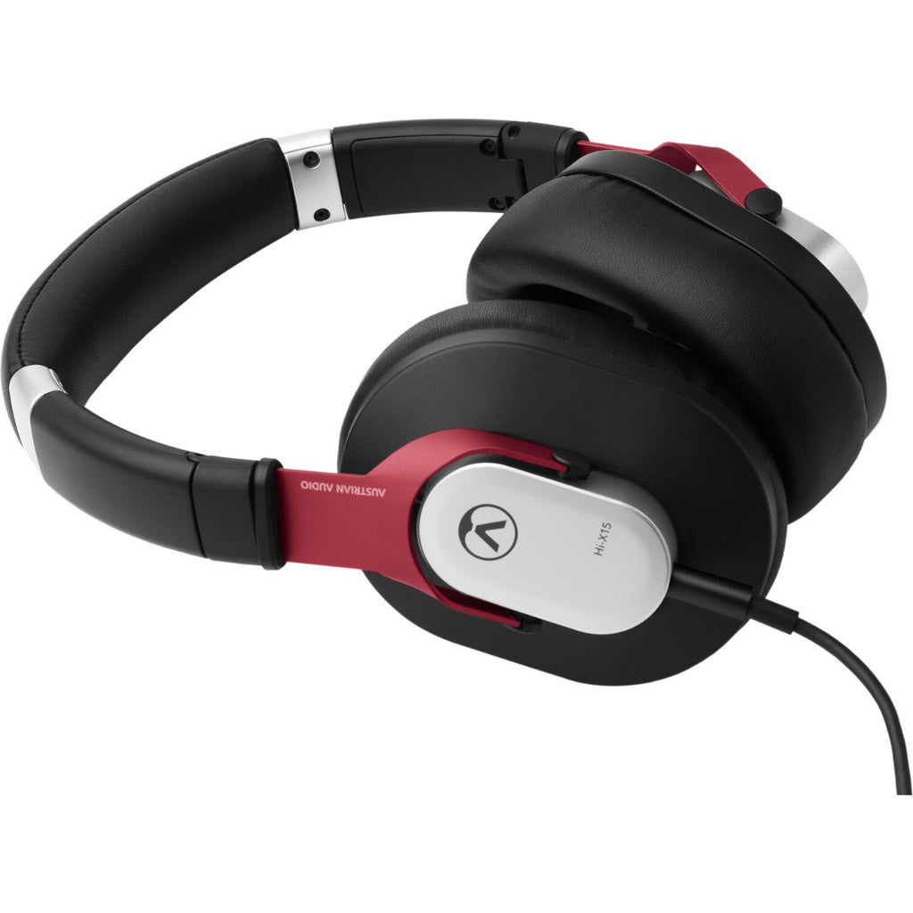 Austrian Audio Hi-X15 studio headphones with over-ear design and black ear cups, shown from a side angle.