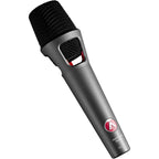 Austrian Audio OC707 condenser microphone with silver body and black grille, shown on a stand for studio recording.
