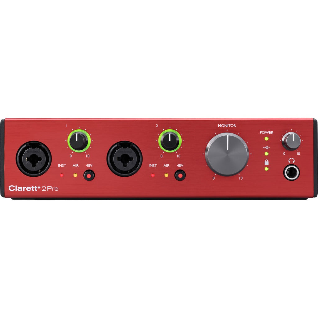 Focusrite Clarett+ 2Pre audio interface with multiple input/output ports and sleek design, suitable for professional recording.