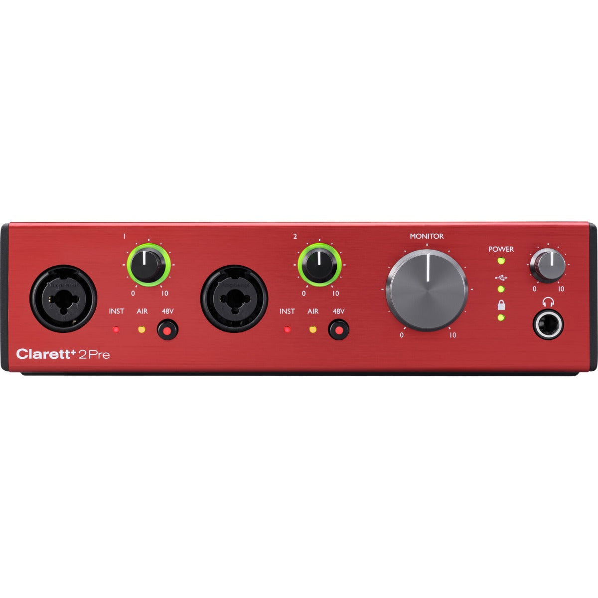 Focusrite Clarett+ 2Pre audio interface with multiple input/output ports and sleek design, suitable for professional recording.
