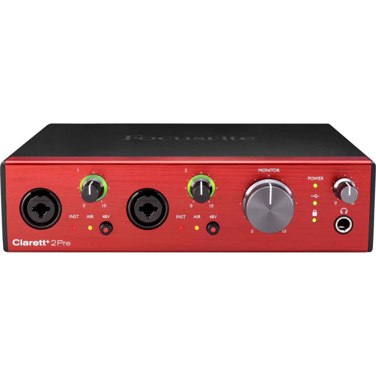 Focusrite Clarett+ 2Pre audio interface with two front input jacks and multiple control knobs, showing its sleek design and connectivity ports.