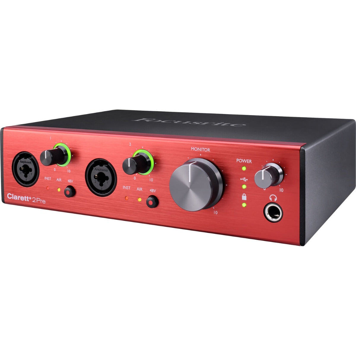 Focusrite Clarett+ 2Pre audio interface with multiple input and output ports, compact design, and professional-grade audio equipment.