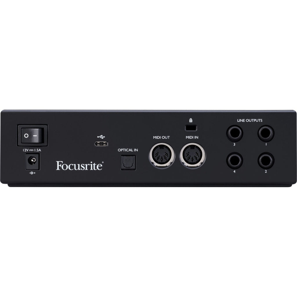 Focusrite Clarett+ 2Pre audio interface with multiple input and output ports, professional audio equipment for music production.