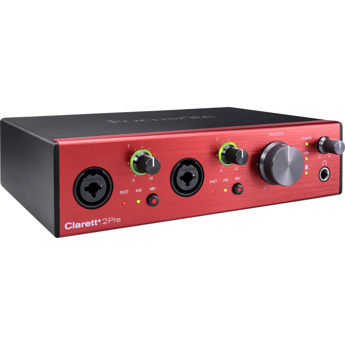Focusrite Clarett+ 2Pre audio interface with dual input and output ports, compact design, and professional audio equipment features.