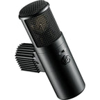 Warm Audio WA-8000 condenser microphone mounted on a stand, showcasing professional audio recording equipment.