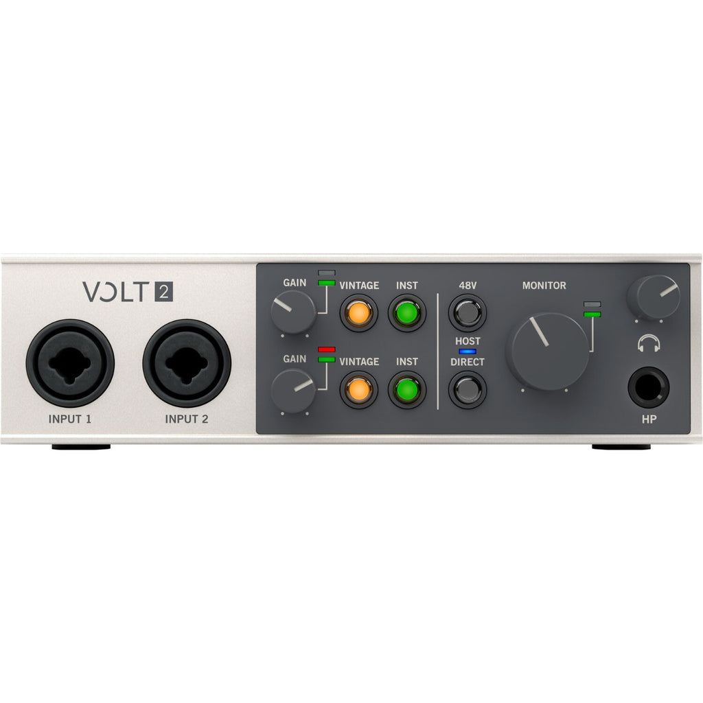 Universal Audio Volt 2 audio interface with input and output ports, compact design, and control knobs for music recording.