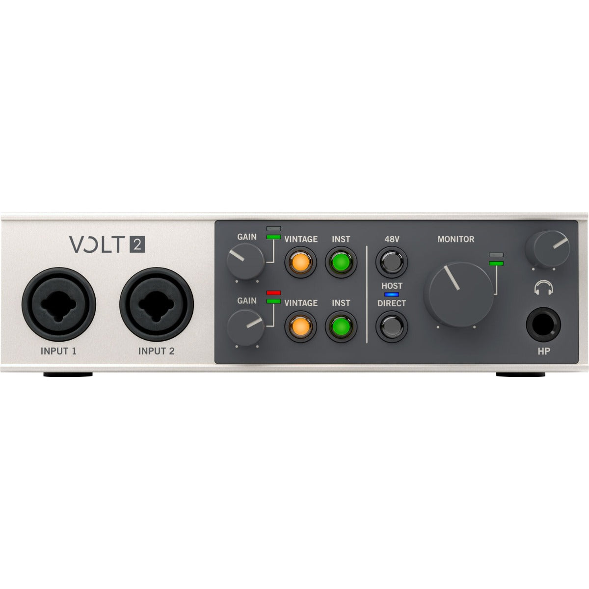 Universal Audio Volt 2 audio interface with input and output ports, compact design, and control knobs for music recording.