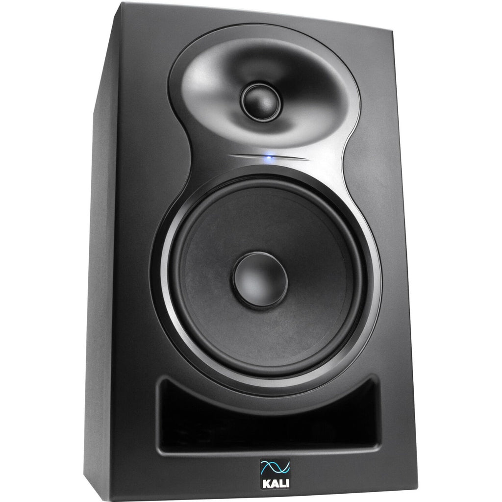 Kali Audio LP-6 V2 active nearfield monitors set on a desk with their sleek black design and front-firing bass ports visible.