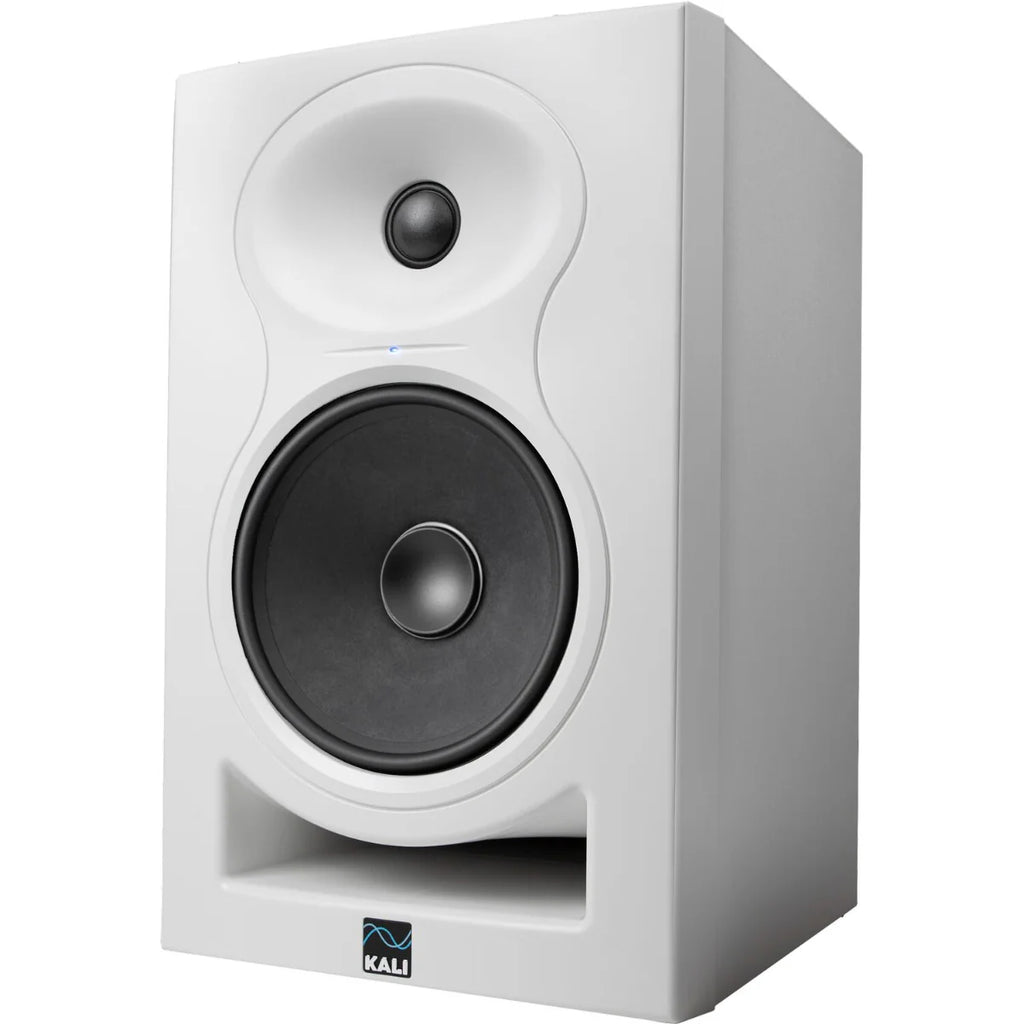 Kali Audio LP-6 V2 active nearfield monitors with black finish, featuring front-firing bass ports and control knobs.