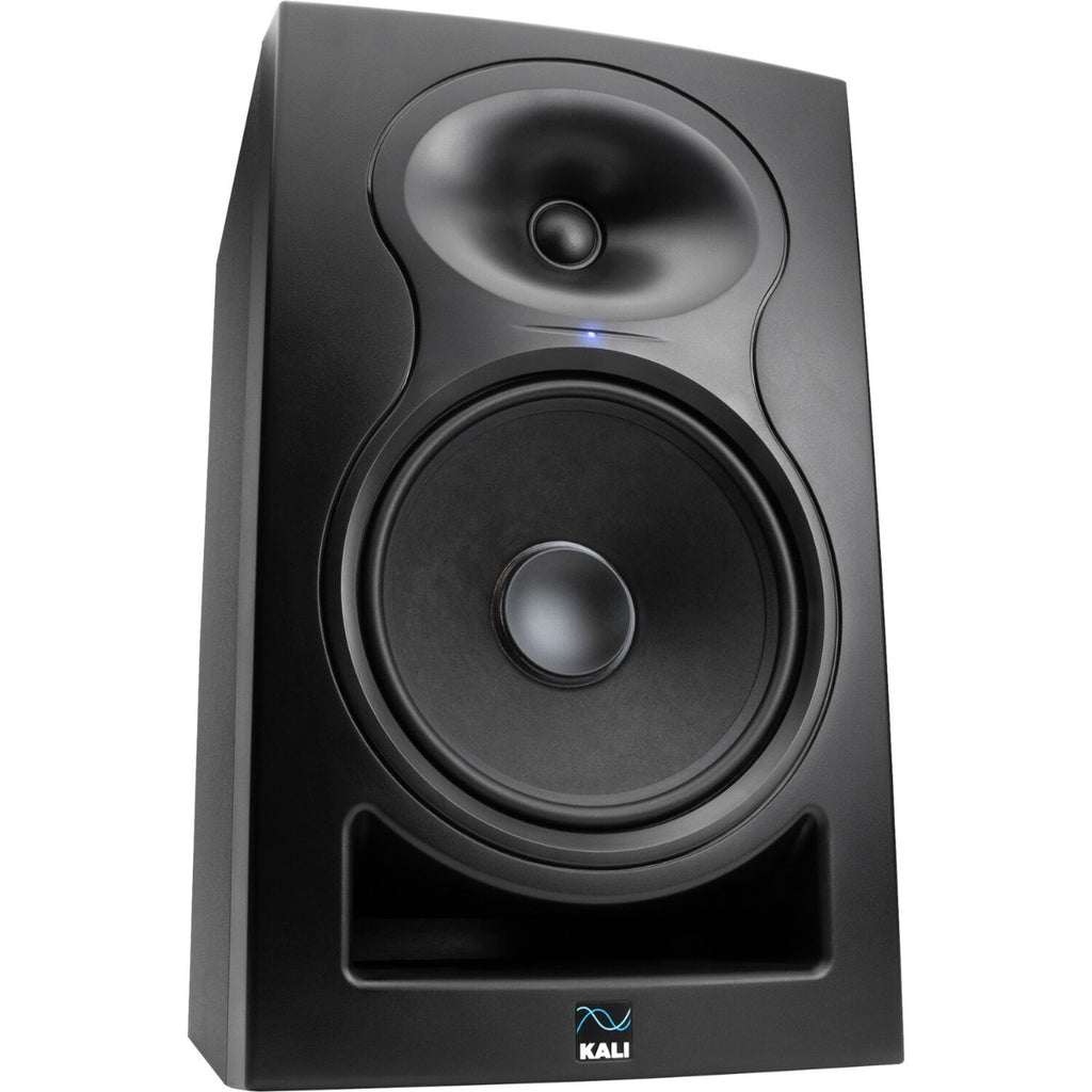 Kali Audio LP-8 V2 active nearfield monitors with black finish, featuring front-facing controls and large drivers for accurate sound.