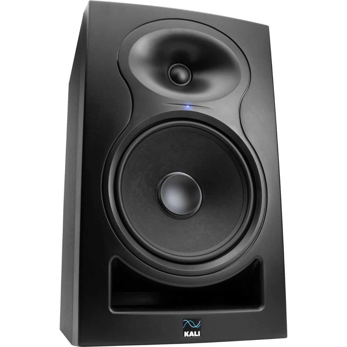 Kali Audio LP-8 V2 active nearfield monitors with black finish, featuring front-facing controls and large drivers for accurate sound.