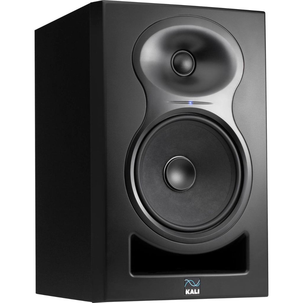 Kali Audio LP-6 V2 active nearfield monitors shown with black finish and front ports, ideal for studio audio mixing.