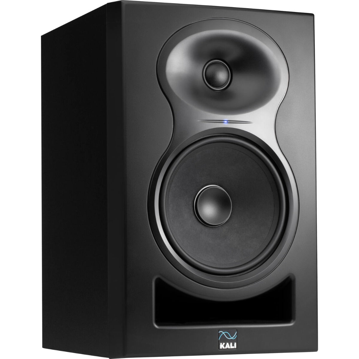 Kali Audio LP-6 V2 active nearfield monitors shown with black finish and front ports, ideal for studio audio mixing.