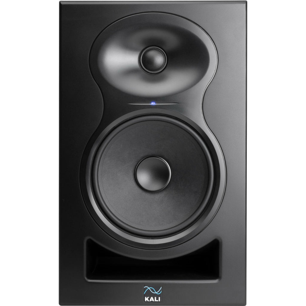 Kali Audio LP-6 V2 active nearfield monitors shown on a desk with their sleek black speakers and control knobs.