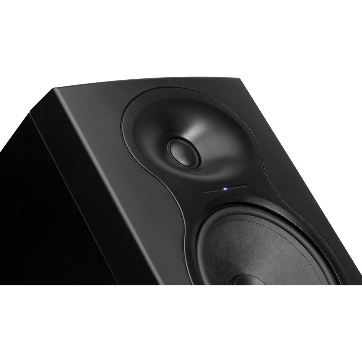Kali Audio LP-6 V2 active nearfield monitors with black finish, placed on a desk, showing their front speakers and control panels.