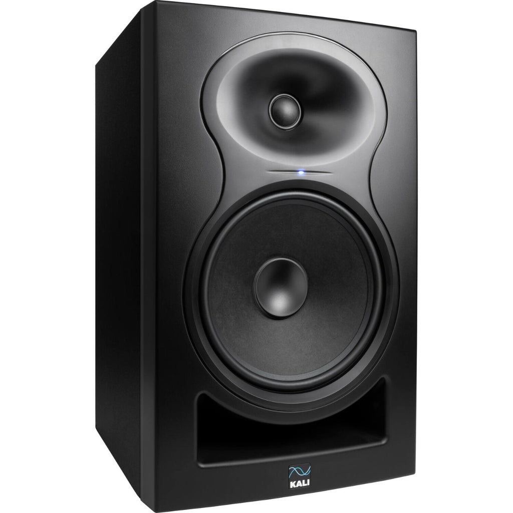 Kali Audio LP-8 V2 active nearfield monitor speaker with black enclosure and front-facing controls.