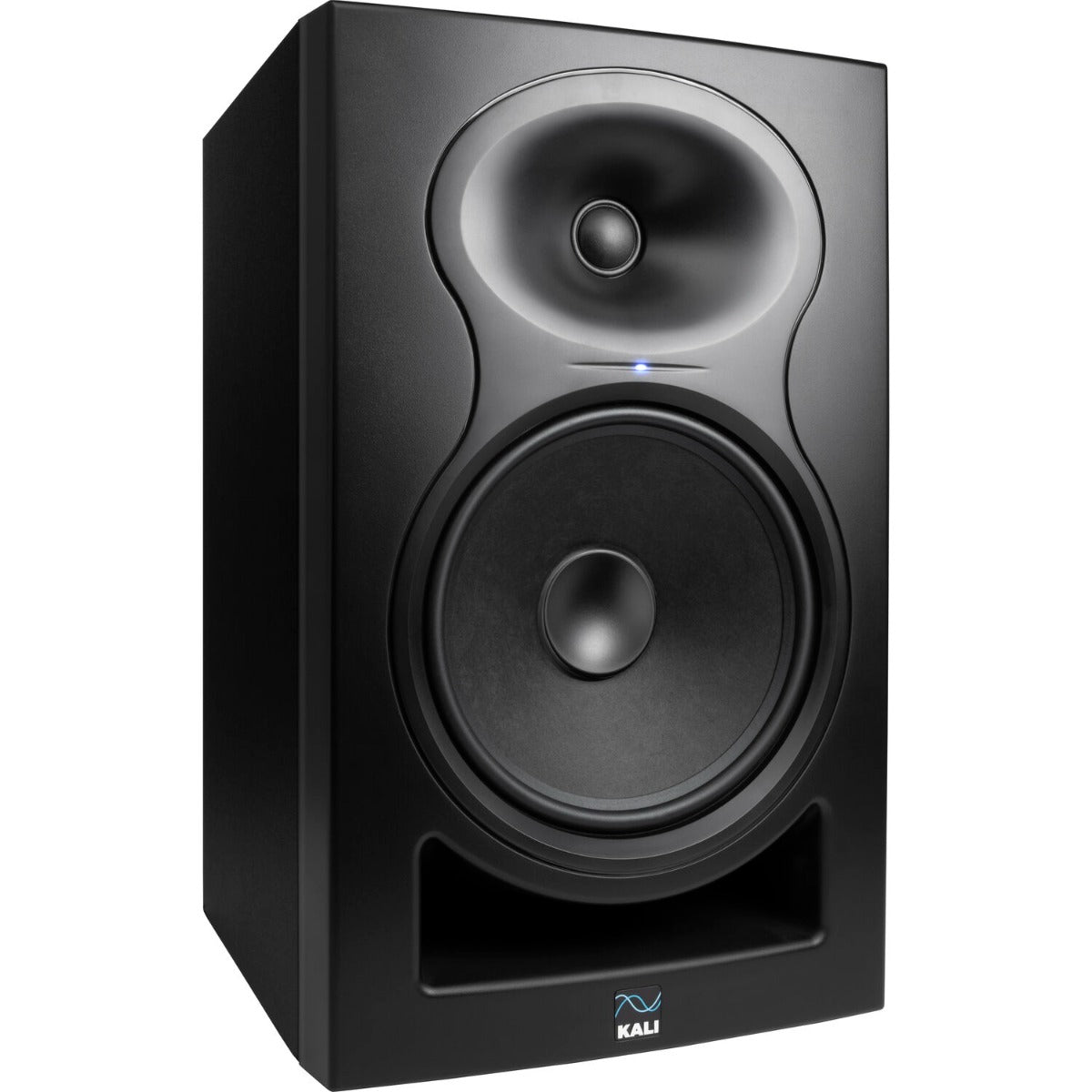 Kali Audio LP-8 V2 active nearfield monitor speaker with black enclosure and front-facing controls.