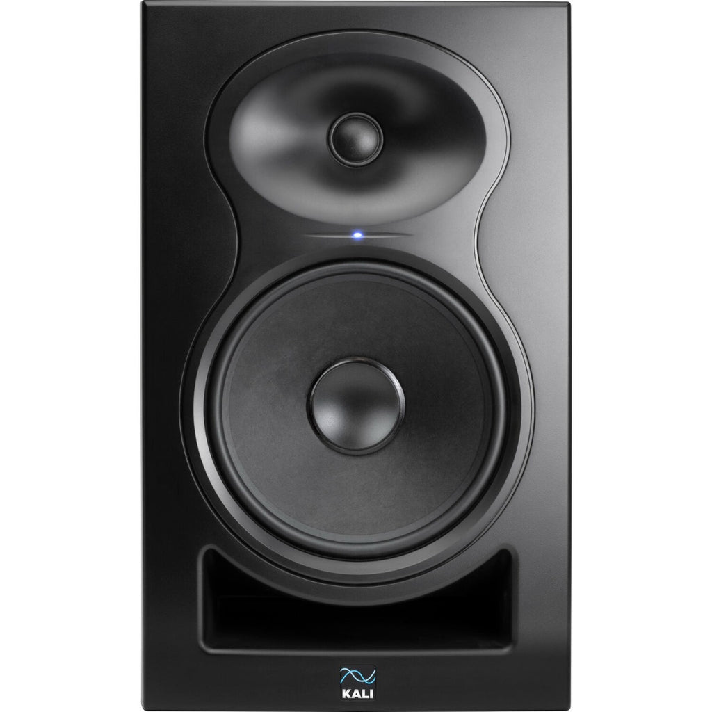 Kali Audio LP-8 V2 active nearfield monitor speaker with black enclosure and control knobs on front panel.