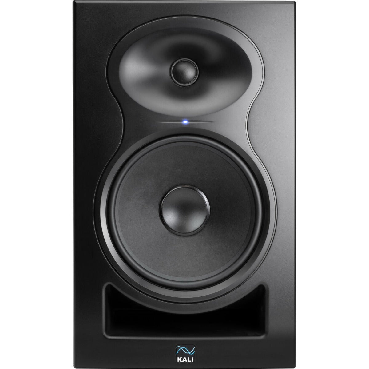 Kali Audio LP-8 V2 active nearfield monitor speaker with black enclosure and control knobs on front panel.