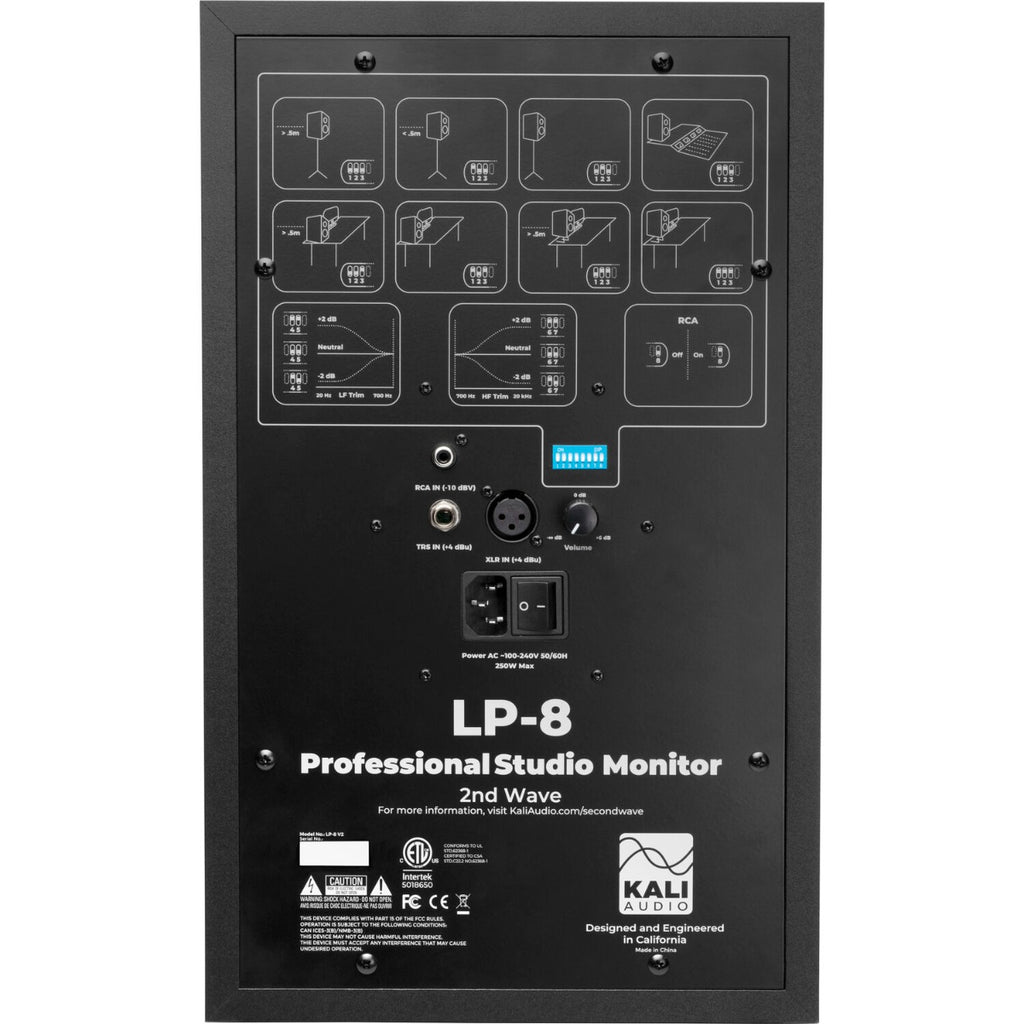 Kali Audio LP-8 V2 active nearfield monitors with black finish and front control panel, designed for studio audio monitoring.