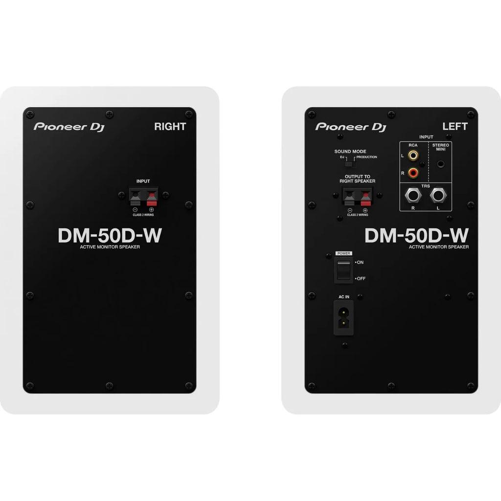 Pioneer DJ DM-50D desktop speakers with black enclosures and control knobs, designed for professional audio monitoring.