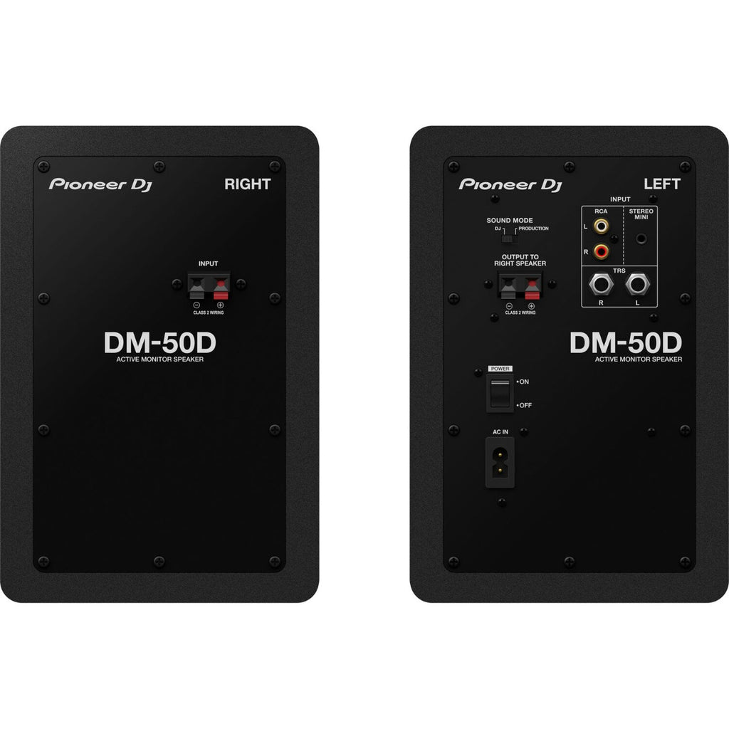 Pioneer DJ DM-50D desktop speakers with black finish, compact design, and control knobs for professional audio monitoring.