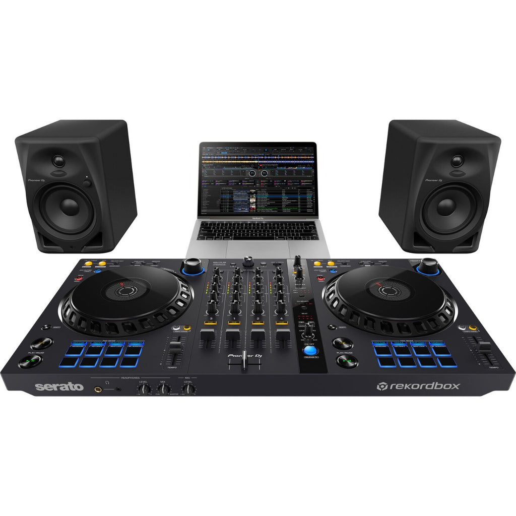 Pioneer DJ DM-50D desktop speakers with black enclosures and control knobs on the front for audio monitoring.