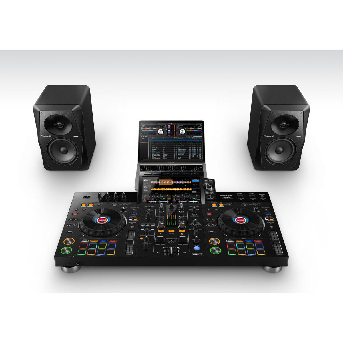 Pioneer DJ XDJ-RX3 DJ media player with dual large touchscreens, jog wheels, and professional controls for mixing and playback.
