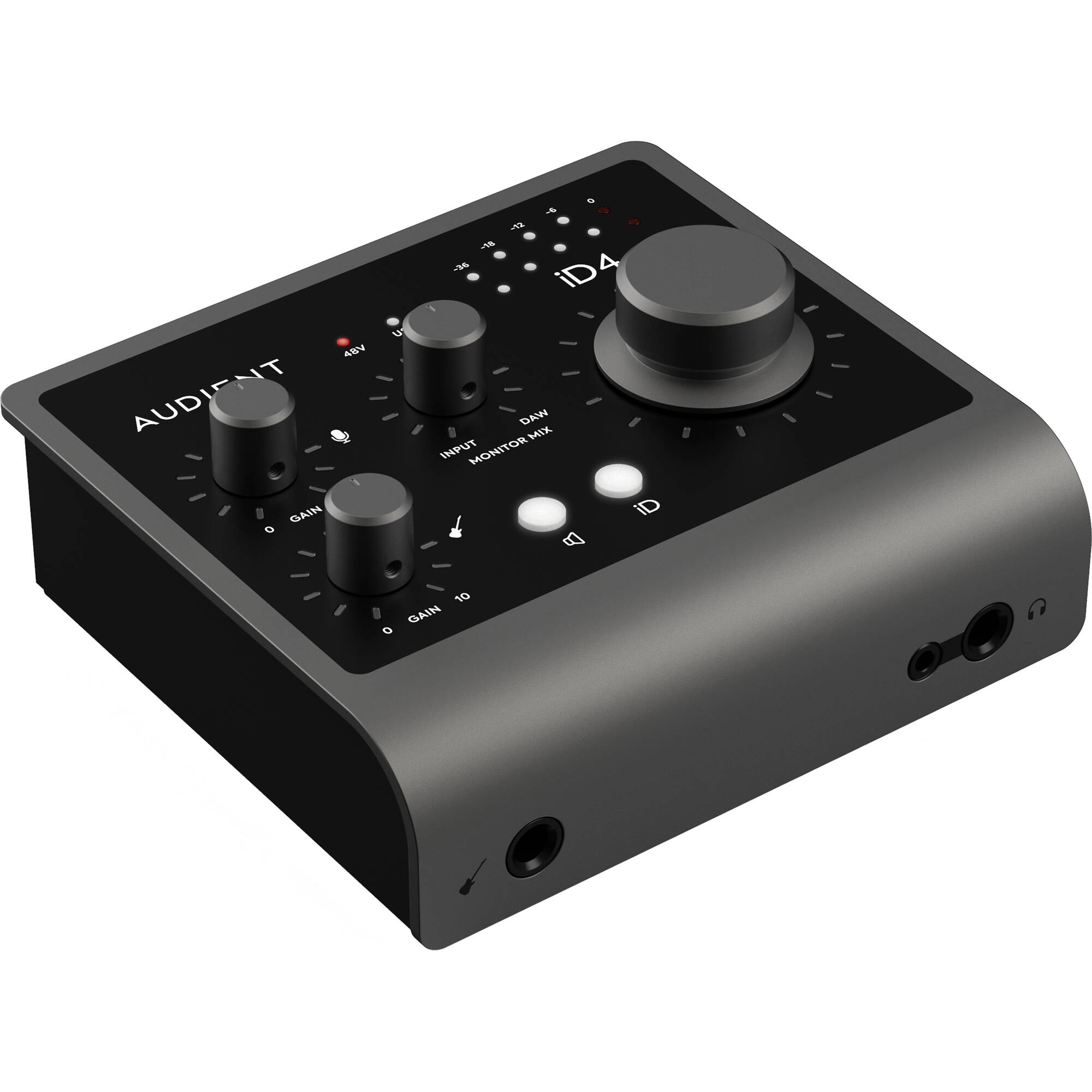 Audient iD4 MK2 audio interface with compact design, featuring input and output ports and control knobs on a sleek black surface.