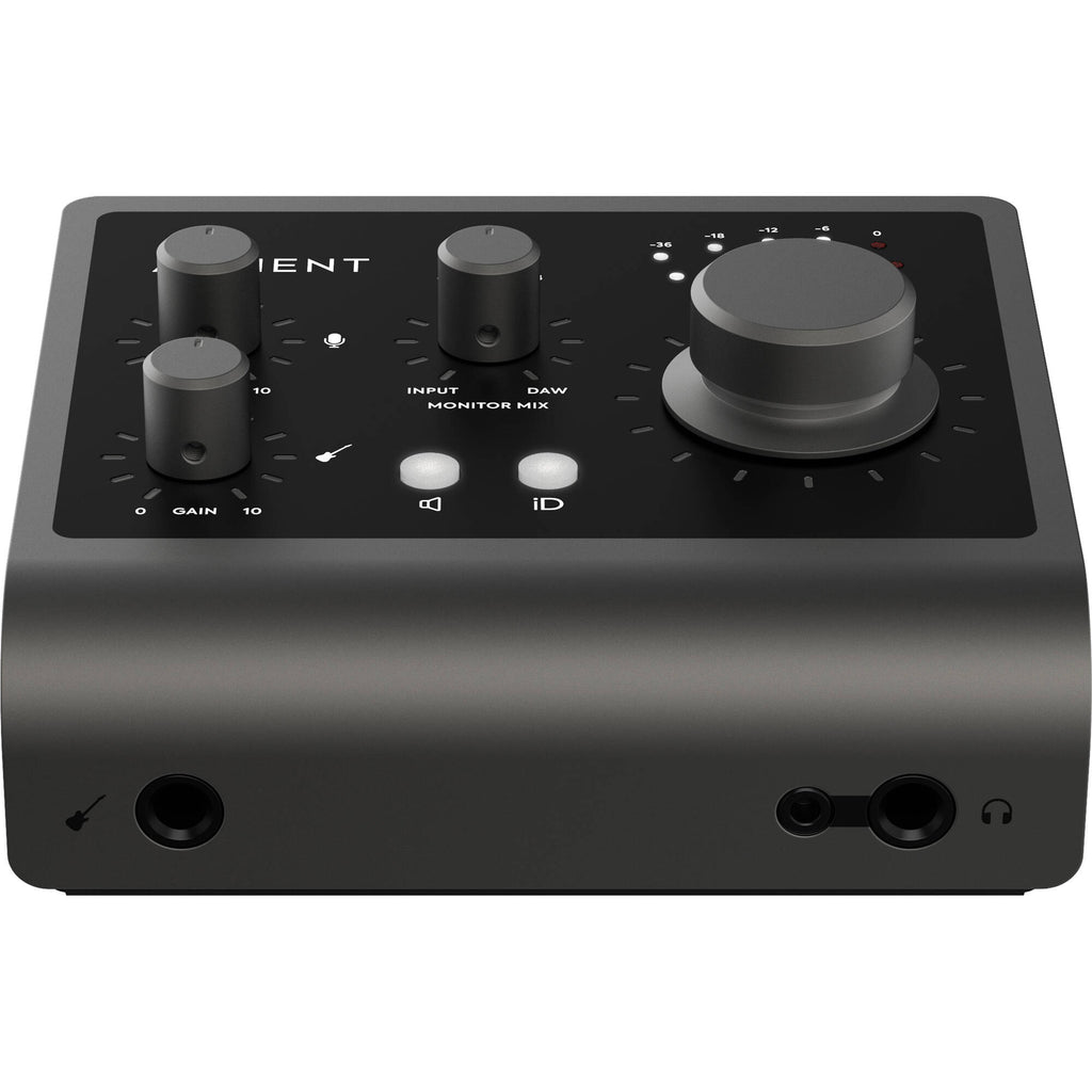 Audient iD4 MK2 audio interface with compact design, featuring input ports and control knobs on a sleek black surface.