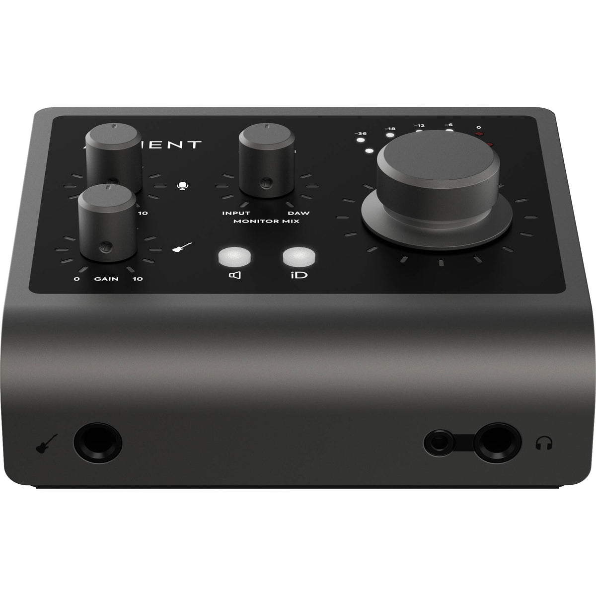 Audient iD4 MK2 audio interface with compact design, featuring input ports and control knobs on a sleek black surface.