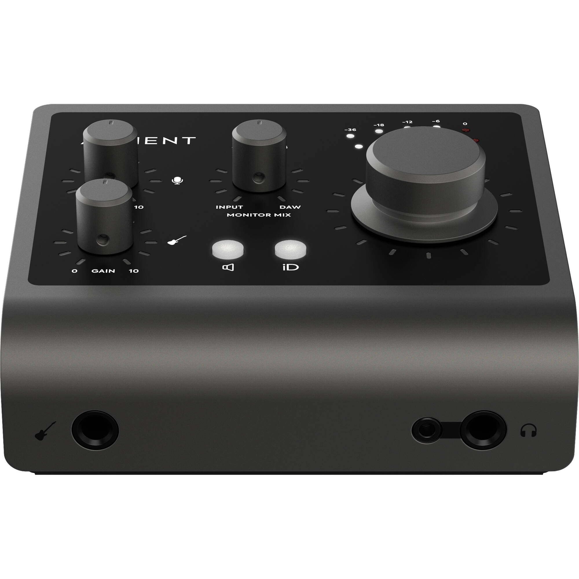 Audient iD4 MK2 audio interface with compact design, featuring input ports and control knobs on a sleek black surface.