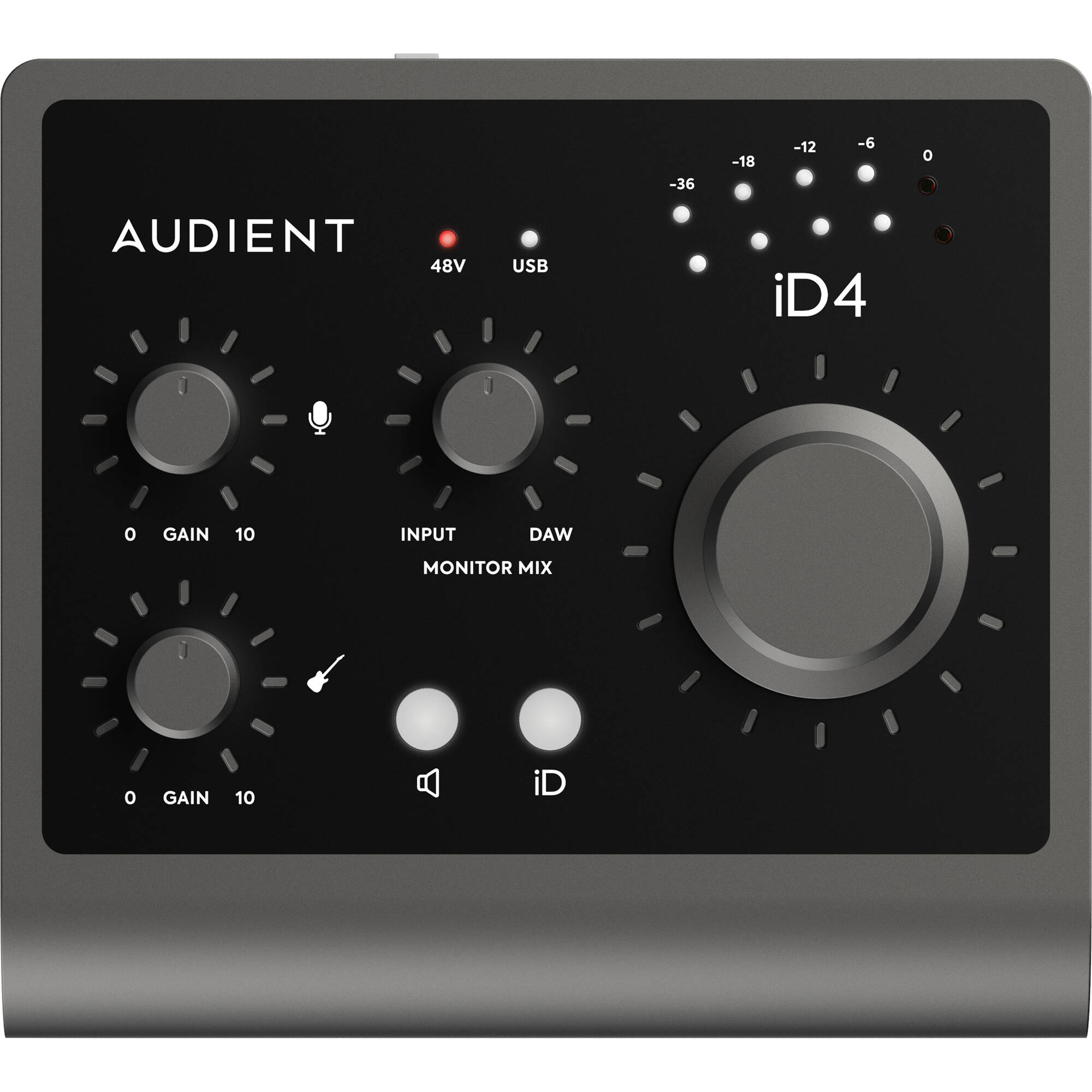 Audient iD4 MK2 audio interface with compact design, front panel controls, and input/output ports for home recording setup