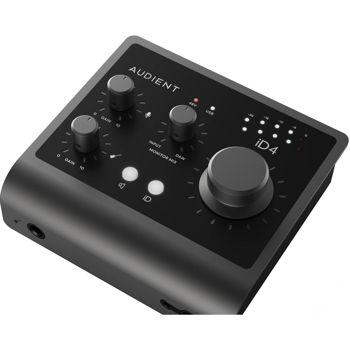 Audient iD4 MK2 audio interface with USB connection, front panel controls, and input/output ports on a sleek black surface.