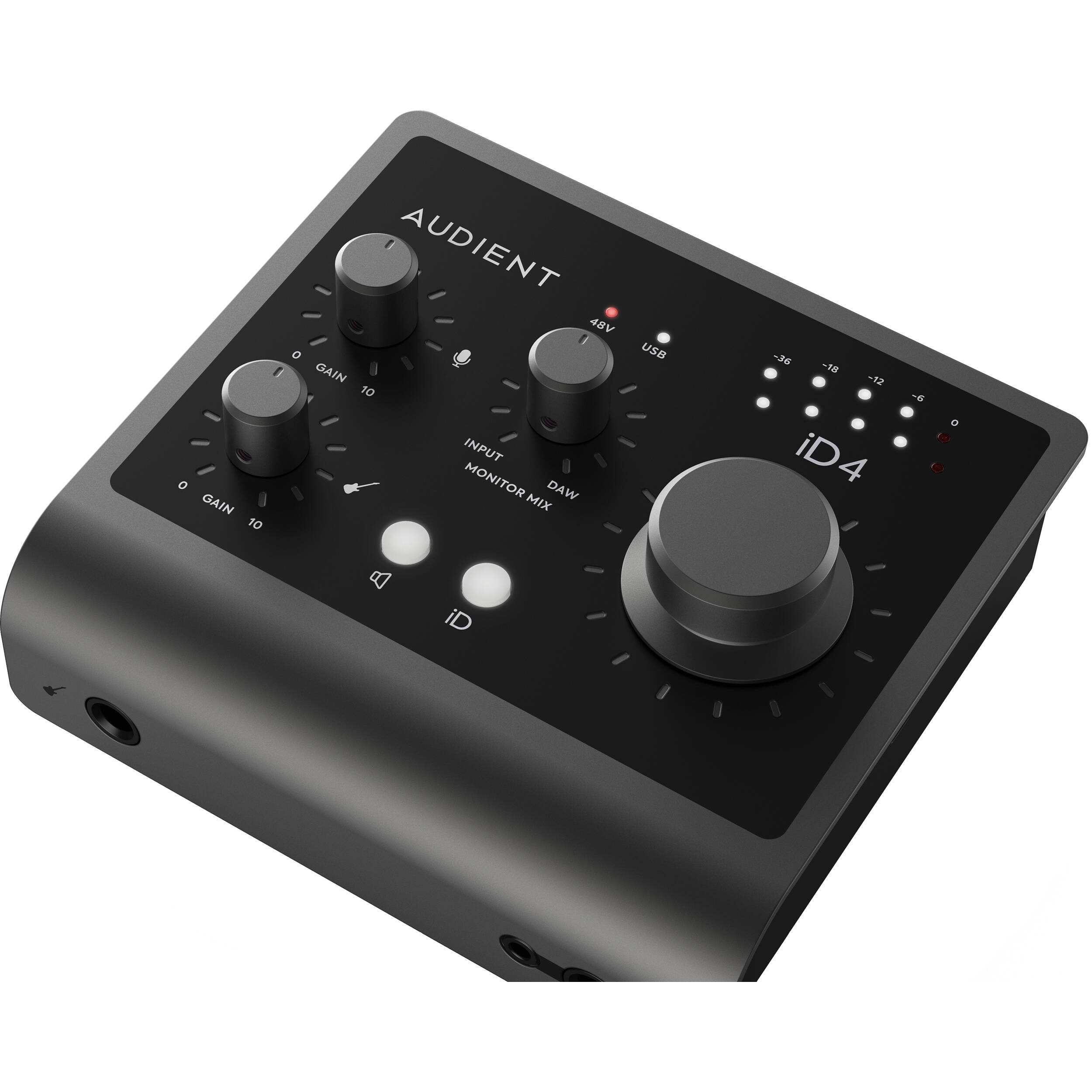 Audient iD4 MK2 audio interface with USB connection, front panel controls, and input/output ports on a sleek black surface.