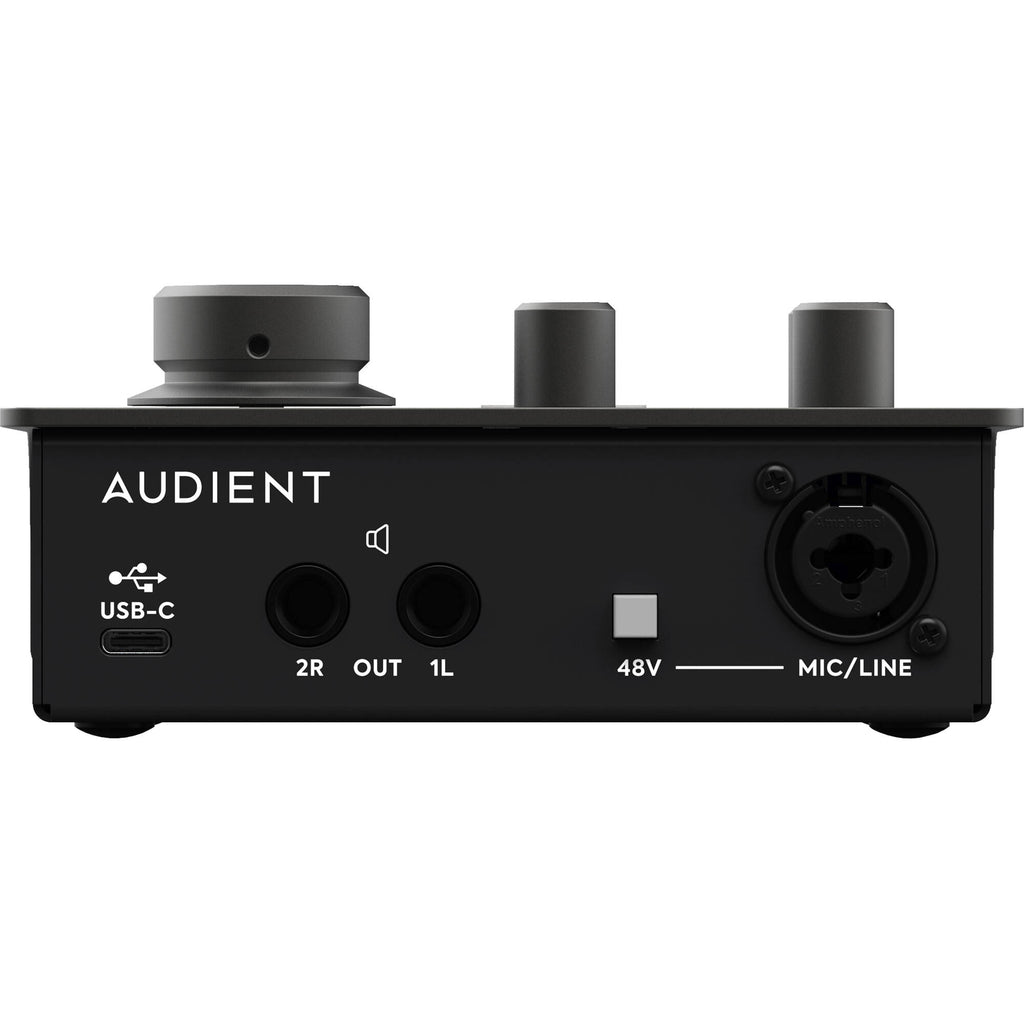 Audient iD4 MK2 audio interface with input and output jacks, compact design, and professional audio controls.