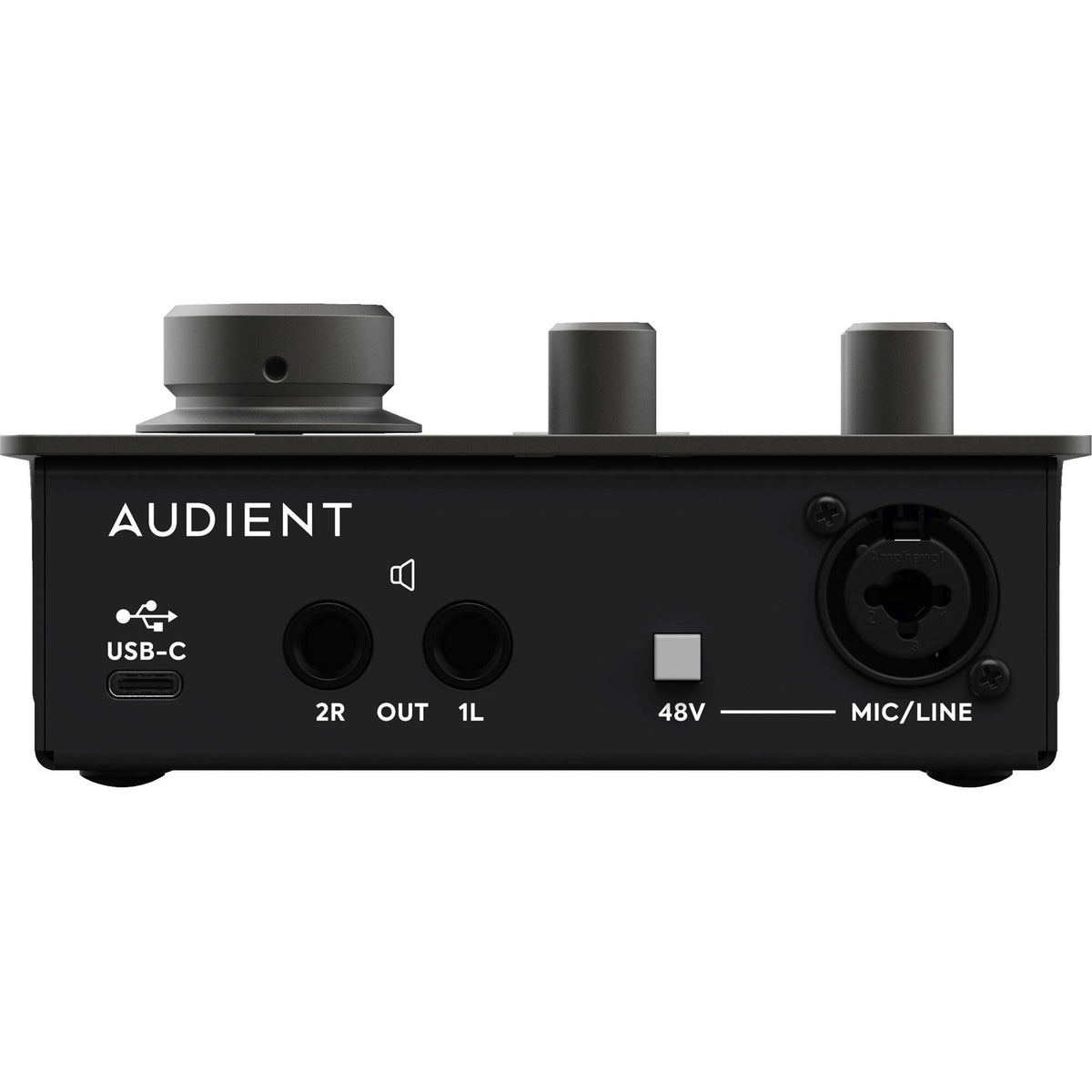 Audient iD4 MK2 audio interface with input and output jacks, compact design, and professional audio controls.